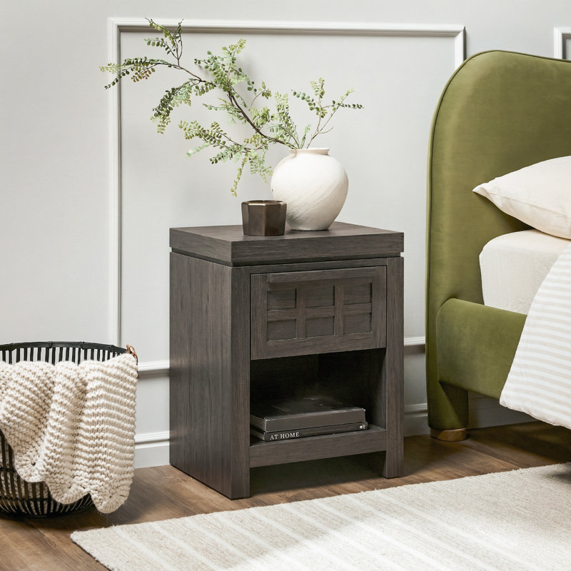 Bateson Modern 1 Drawer Nightstand Side Table, Black Oak