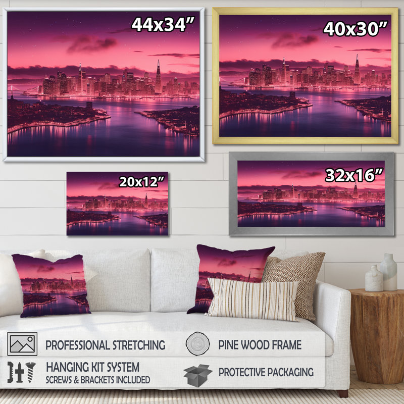 «San Francisco Skyline And Bay Bridge V», reproduction d'art sur toile, H 16 po x l 32 po, Cadre flottant doré