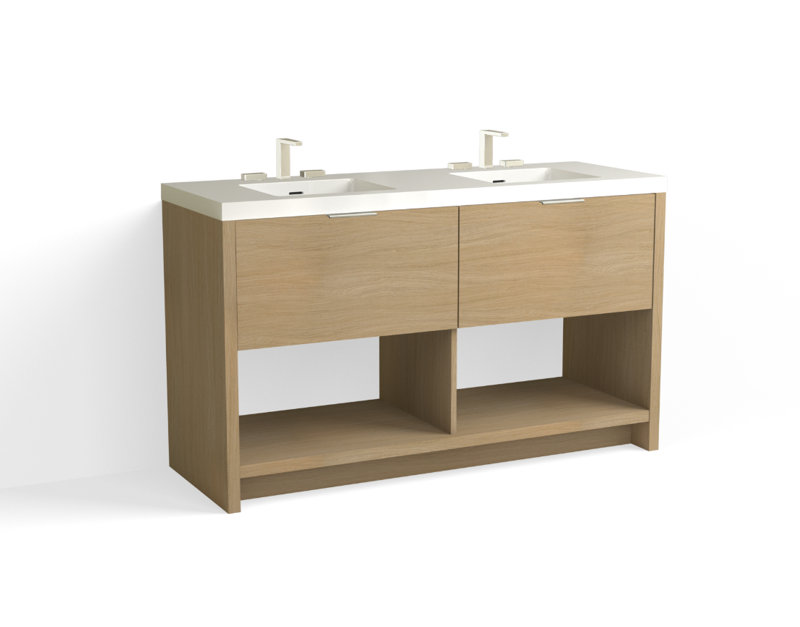 Vista 60" W Freestanding Double Bathroom Vanity, White Gloss, White Nanomatte/Satin Brass, 8" Widespread