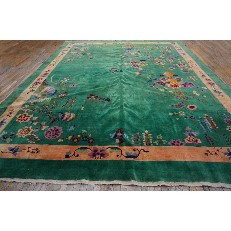 Antique Large Room Size Chinese Art Deco Hand Knotted Pile Green Rug