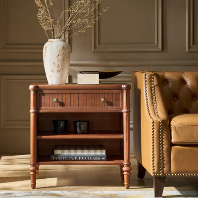 Kaybri Transitional 26"W Fluted 1-Drawer Solid End Table with Built-In Charging Station