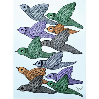 «Colorful Birds Gond Art», marqueurs à alcool et fineliners, peinture sur papier par Ruchi - Art mural tribal indien pour décoration de salon Boho