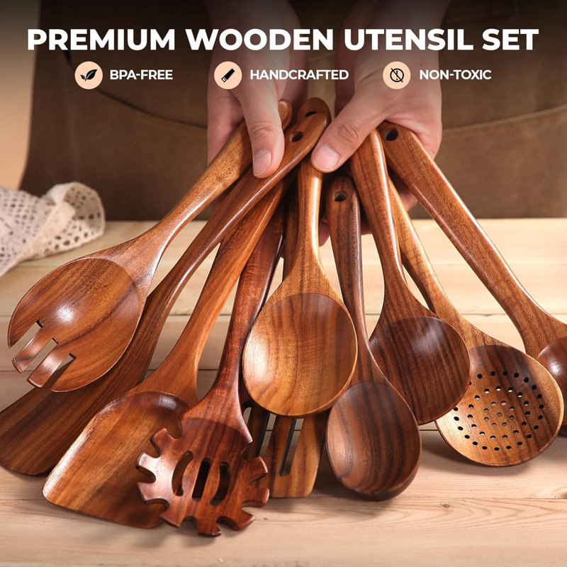 Ensemble d'ustensiles en bois de teck 10 pièces pour batterie de cuisine antiadhésive - Cuillère de cuisine Spatule Turner
