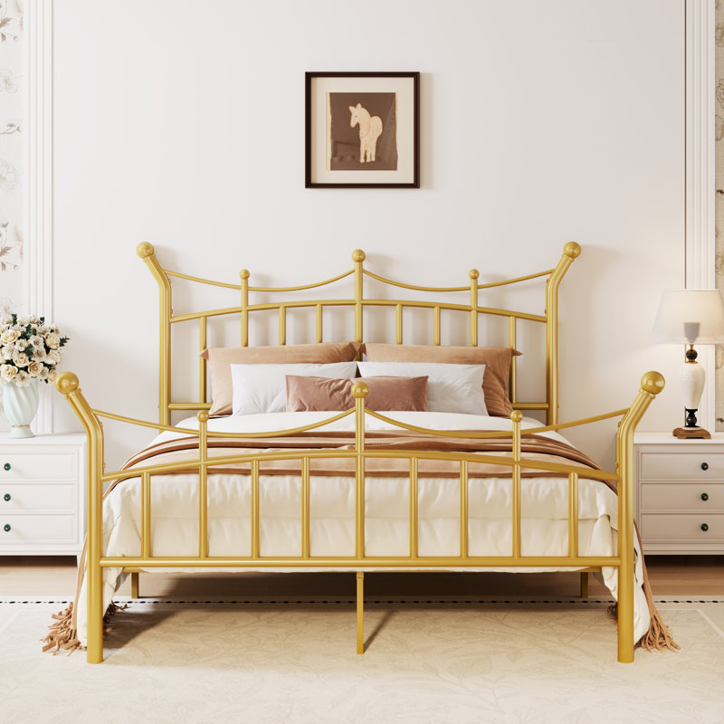 Retro Style Teen Girls Dream Crown Shaped Metal Platform Bed, No Box Spring Needed, Full, Gold