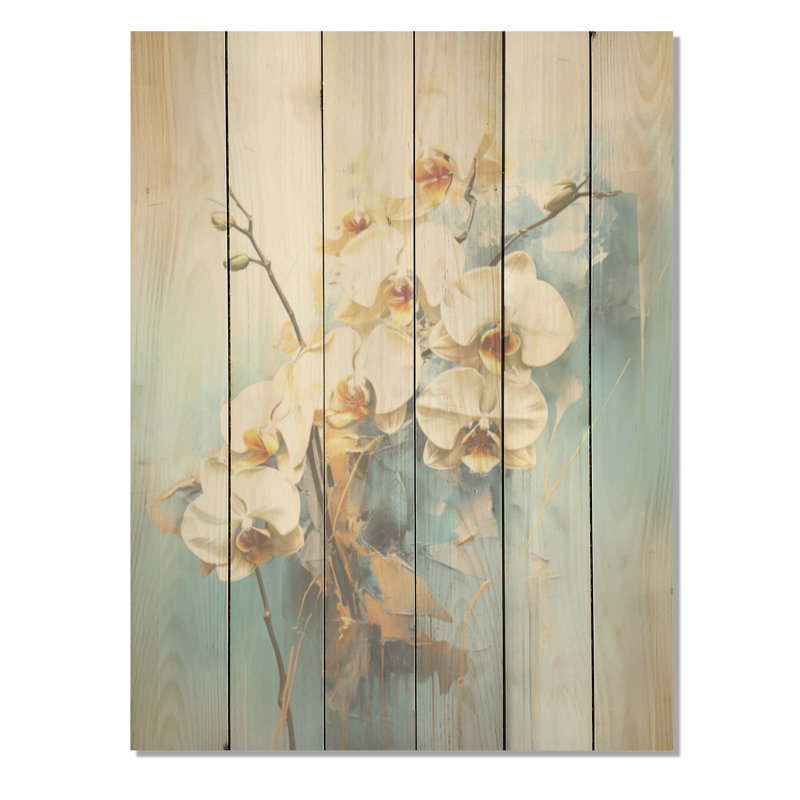 Orchidée bleue et dorée - orchidées sur bois de pin naturel, H 32 po x l 24 po