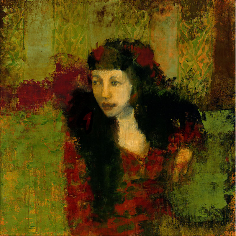 Red Dress/Black Scarf Print by Claudette