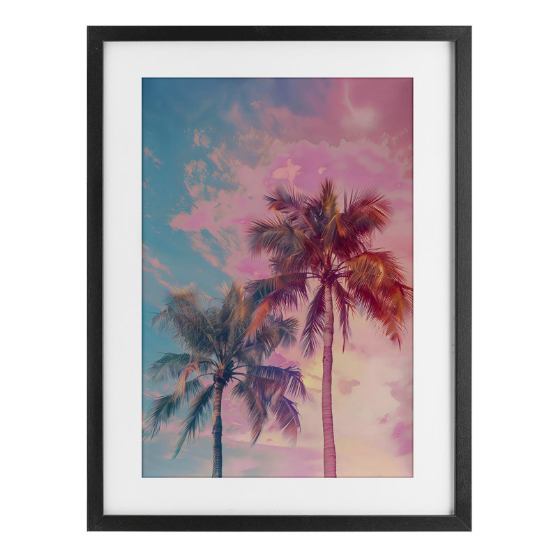 «Sunset Palm Dream», reproduction sous verre encadrée, design par LSR Design Studio, H 23 po x l 17 po, Cadre noir minuit