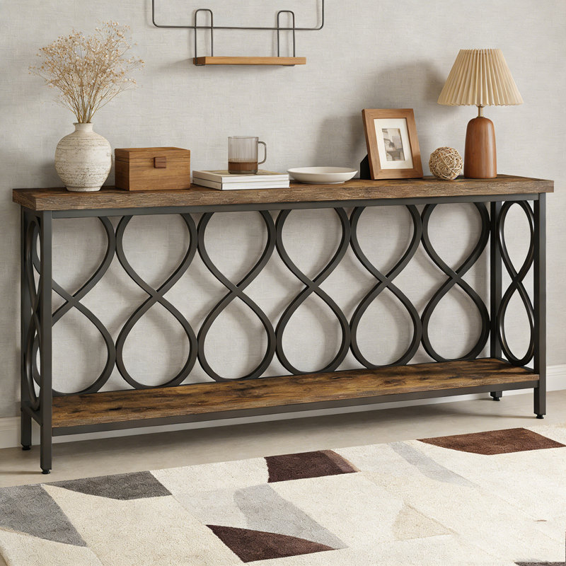 Wood Sofa Table, Rustic Console Table Entryway Table with 6 Storage Cubes, 31.5" H x 62.99" W x 11.81" D