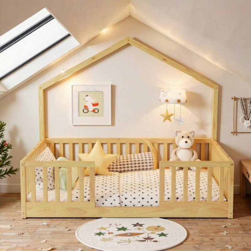 Lit simple / double pour enfants avec rails hauts et lumière DEL, style Montessori, assemblage sécuritaire et facile pour enfants