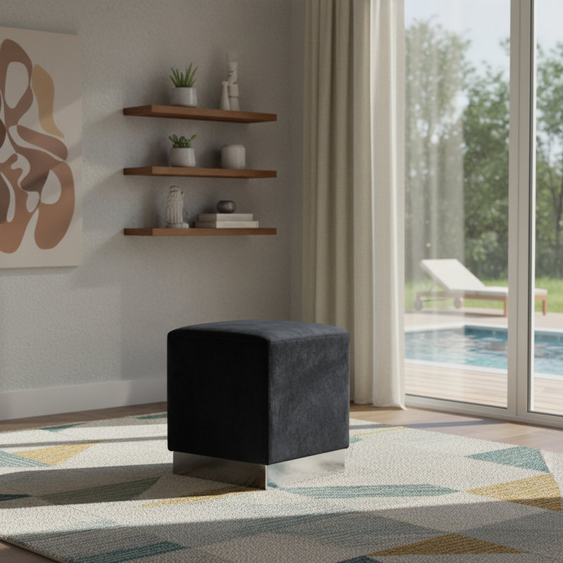 Annora Velvet Ottoman, Black Velvet, Chrome
