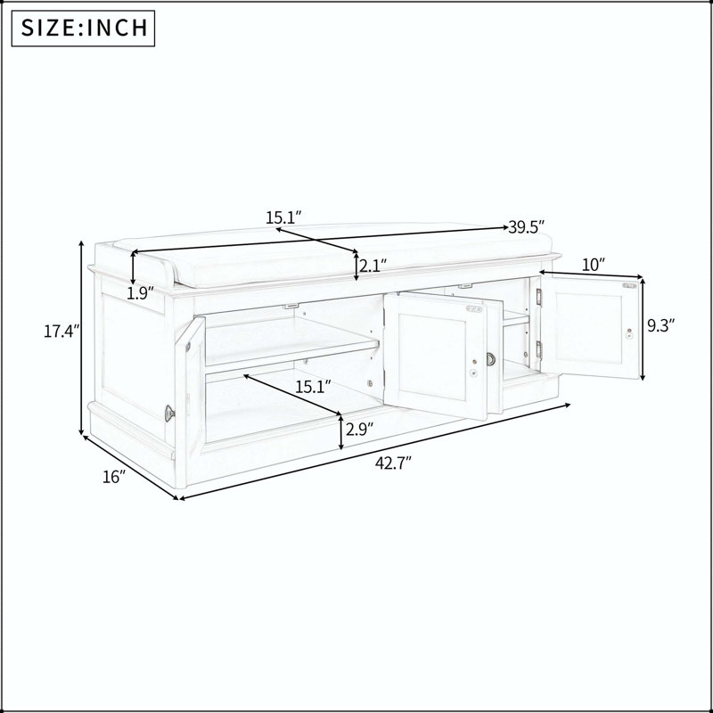 Banc de rangement avec 4 portes, tablettes réglables et coussin amovible, Blanc, Blanc