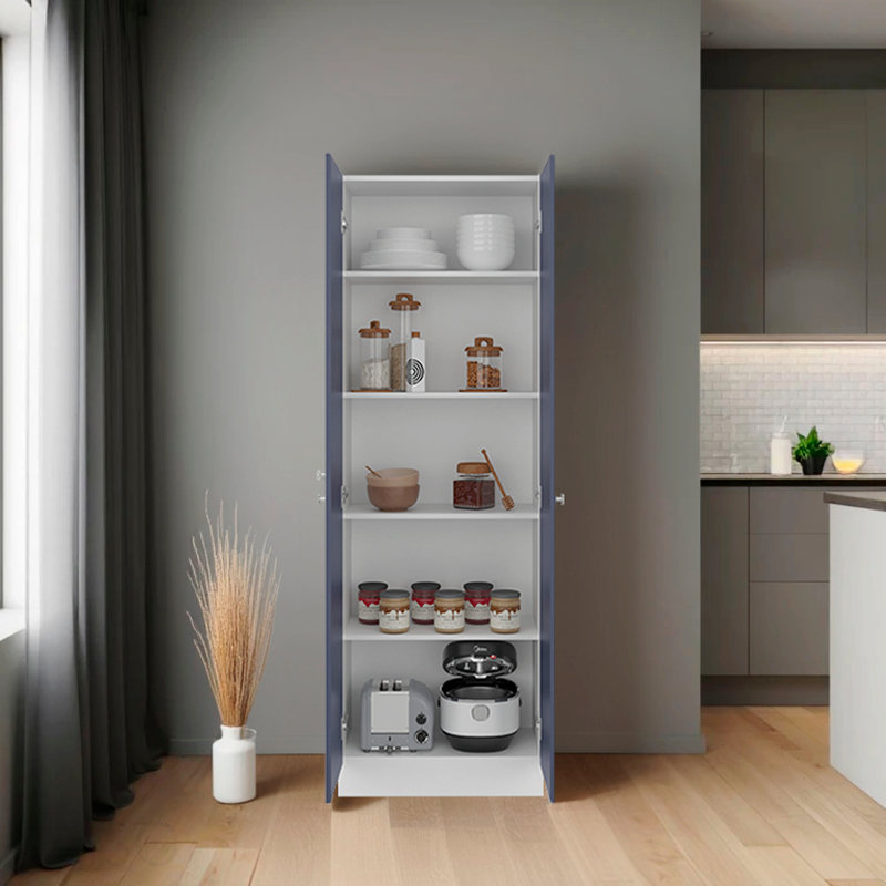 Armoire de rangement haute avec double porte, cinq tablettes, armoire de rangement autoportante pour cuisine ou salle de lavage, bleu marine et blanc