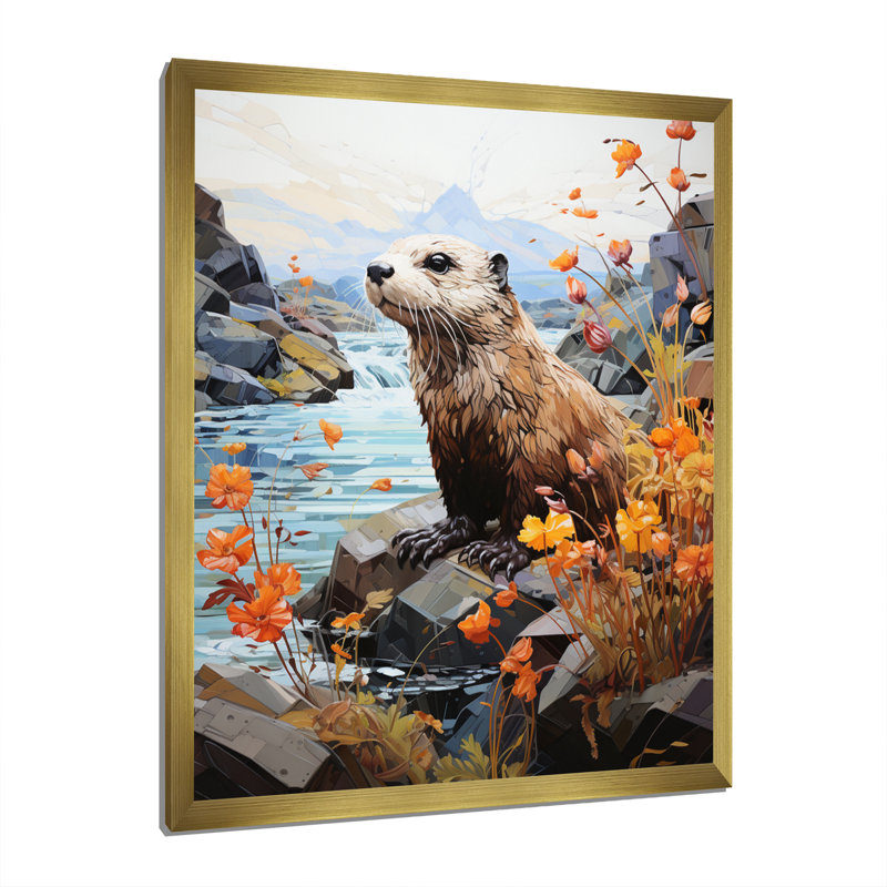 Loutre brune ludique rivière Dweller - imprimé, Encadrement doré, H 44 po x l 34 po x P 1,5 po