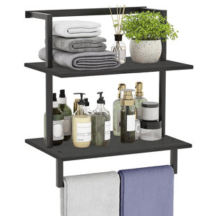 18.1”H x 15.7”W x 9.4”D Wall Mounted Towel Rack, Steel and Wood Towel Shelf with Bar, 3-Tier, (Black)
