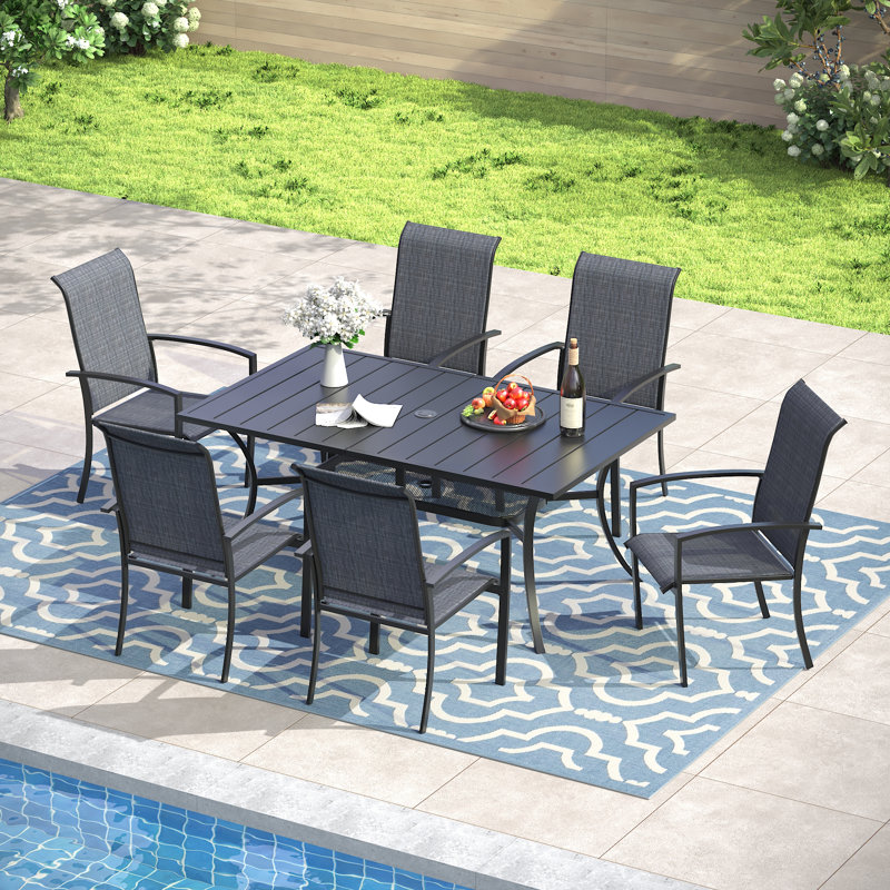 Ensemble repas d'extérieur rectangulaire pour 6 personnes avec chaises empilables Textilene, Noir