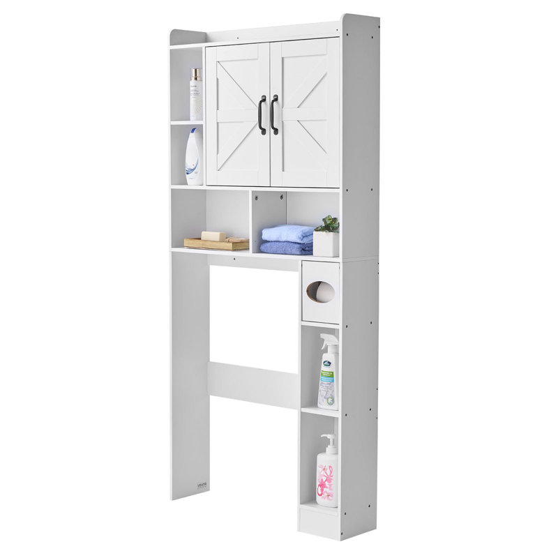Over The Toilet Storage Cabinet, 66.14 In Height Bathroom Storage Organizer With Double Door And Adjustable Shelf, Bathroom Space Saver Organizer Above Toilet With Open Shelf, White