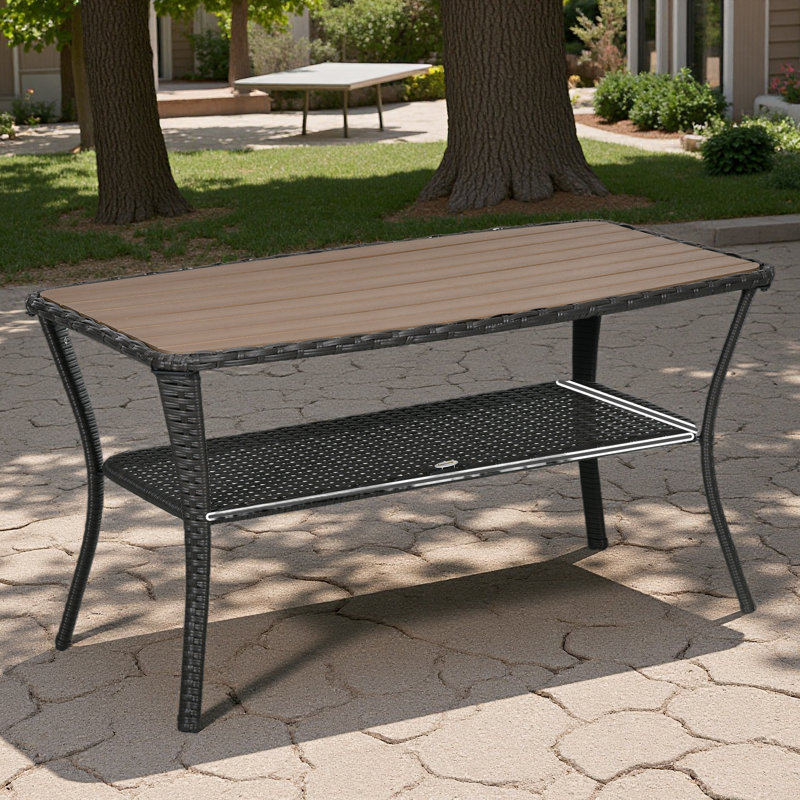 Petite table d'appoint en osier PE avec plateau en verre trempé et tablette de rangement, table d'appoint d'extérieur pour terrasse de jardin