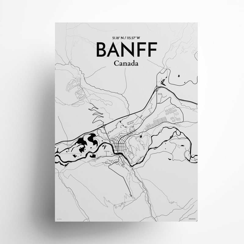 Banff, carte de la ville, impression, Noir et blanc, H 27,6 po x l 19,7 po