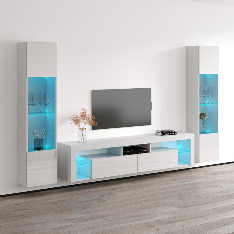 Meuble audio-vidéo moderne 110,3 po avec éclairage à DEL 16 couleurs Chaquitta, Blanc