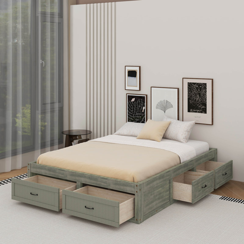 Lit plateforme double avec 6 tiroirs, Gris antique