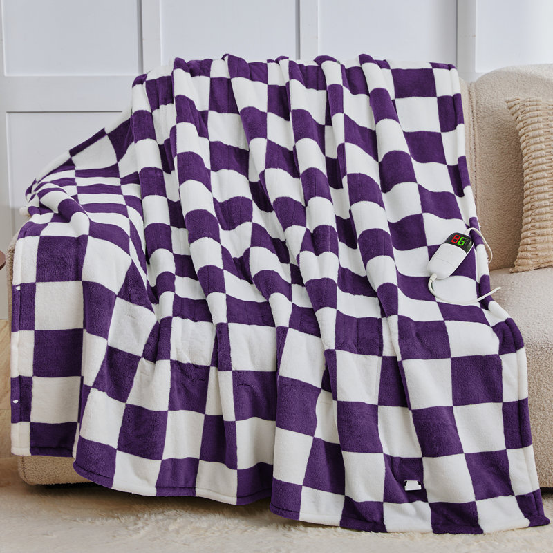 Couverture chauffante pour adulte Sherpa, Lit simple, Tissu écossais mauve foncé