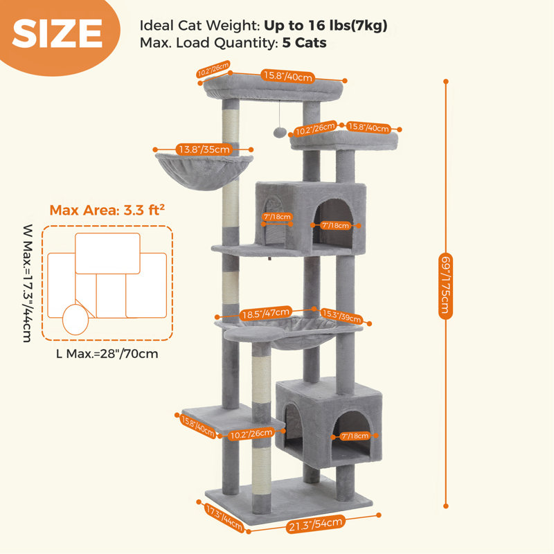 Grand arbre à chat, grande tour à chat de 69 pouces pour les grands chats d'intérieur avec grand hamac, poteaux à griffer, condo confortable et perchoir supérieur