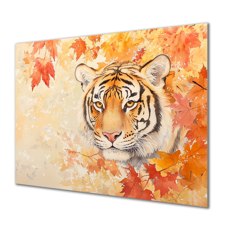 Tigre dans les feuilles d'automne II - animaux, décoration murale en métal, impression sur tigre, H 24 po x l 32 po