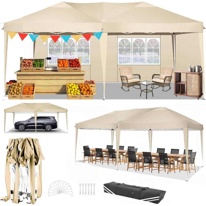 4 Removable Sidewalls, Tent for Parties Garden & Outdoor Event 52 Ft. W x 27 Ft. D Aluminum Pop-Up Canopy, Khaki