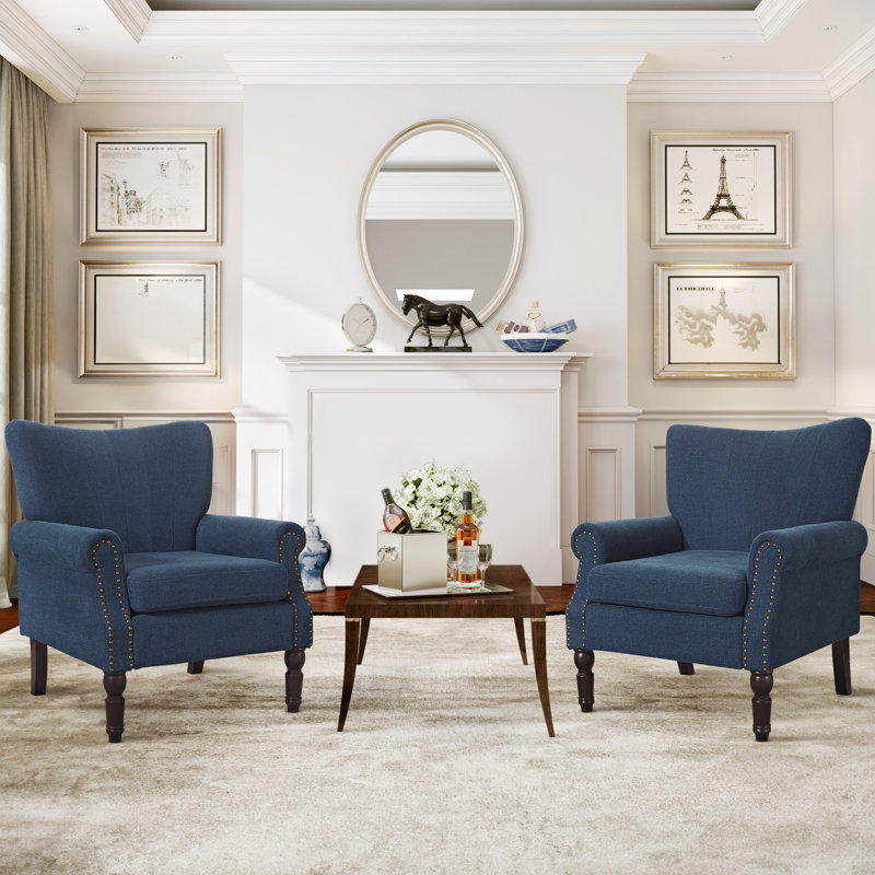 Ameera Upholstered Armchair with Nailhead Trim, Dark Blue