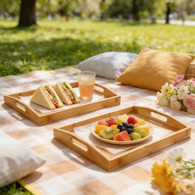Ensemble de 2 plateaux de service en bambou, plateaux de lit de déjeuner avec poignées - plateaux de service rustiques en bois naturel pour déjeuner au lit, décoration intérieure, présentoir à gâteaux et porte-bol à fruits