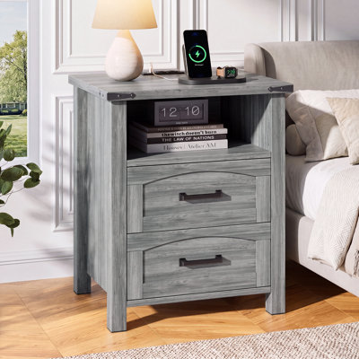 18'' Farmhouse End Table With Power Outlets And USB-C, Modern Oak Grey Wood Nightstand With 2 Drawers And Lower Storage Shelf