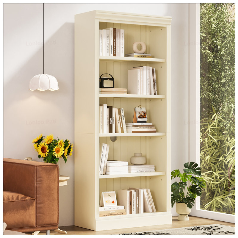 Bibliothèque à DEL haute bande de bois avec tablettes réglables, Beige