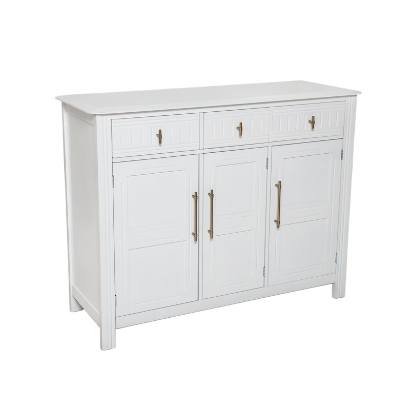 Henrick Transitional Acacia Wood Storage Cabinet With 3 Drawers, 3 Doors, And Modern Glam Hardware Accents, White