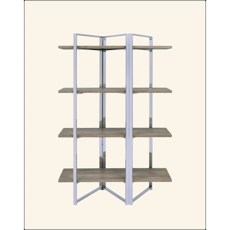 Étagère haute autoportante rectangulaire, 4 tablettes fixes en bois, base en métal chromé, dos ouvert