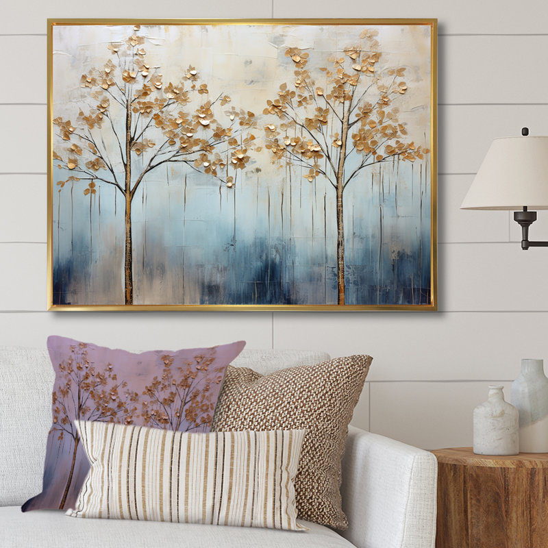 Minimalisme, scène d'arbres dorés et bleus VI sur toile, Cadre flottant doré, H 16 po x l 32 po