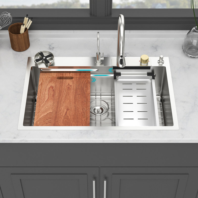 Évier de cuisine à rebord à cuve simple en acier inoxydable de calibre 16 33 * 22 pouces avec robinet coulissant et laveuse à gobelets, qualité T304 pour plus de durabilité, conception en cascade 3 modes d'eau, guide en forme de X