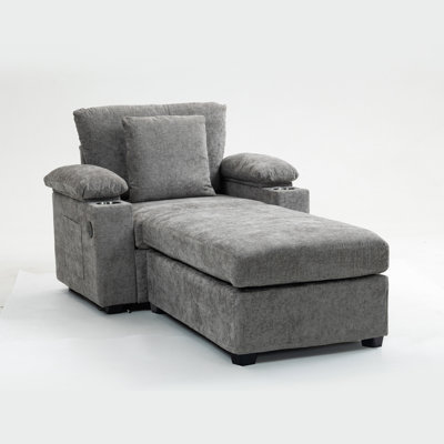 Chenille Upholstered Oversized Chair With 90 - Degree Footrest, Bed Function, And /C Type Charging For Relaxing Comfy , Charging, Pillow Lounge