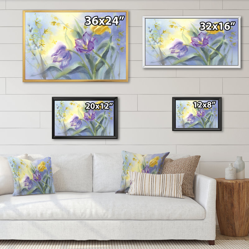 «Violet Tulips Blooming», reproduction sur toile encadrée, H 8 po x l 12 po x P 1 po, Cadre flottant blanc