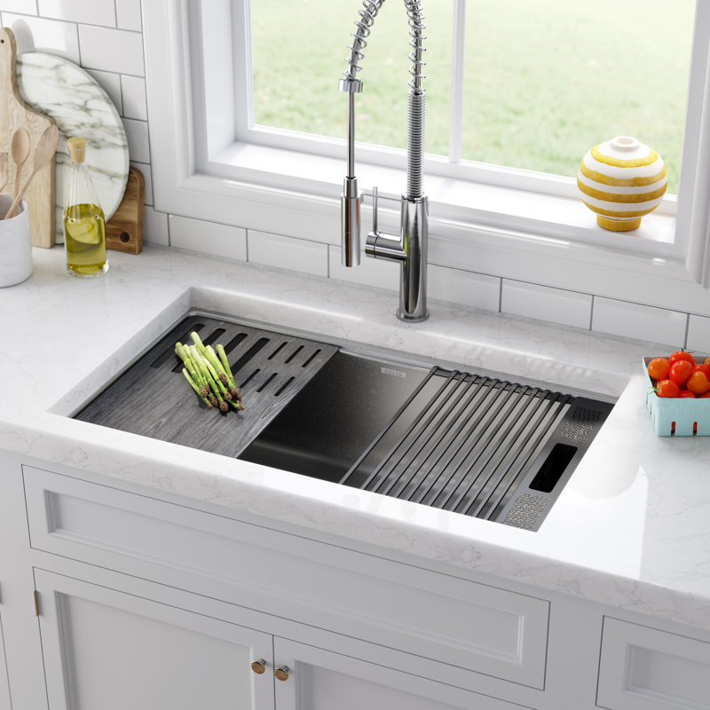 Metallic Black Granite Composite Single Bowl Workstation Sink with Drainboard