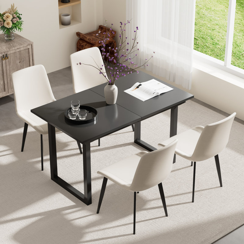 Ensemble de table de salle à manger 70,86 po à rallonge pour 4 à 6 personnes, 5, Blanc/Noir, Noir