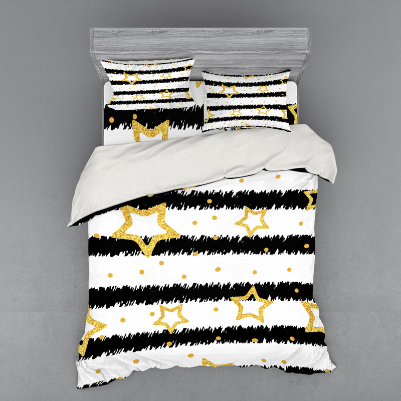 Ensemble de housse de couette moderne en microfibre noir / blanc / jaune, Housse de couette grand + 3 pièces supplémentair
