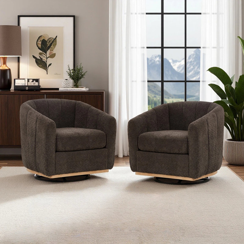 31.89" W Chenille Upholstered Channel Tufted 360° Swivel Barrel Chair with Metal Base (Set of 2), Charcoal