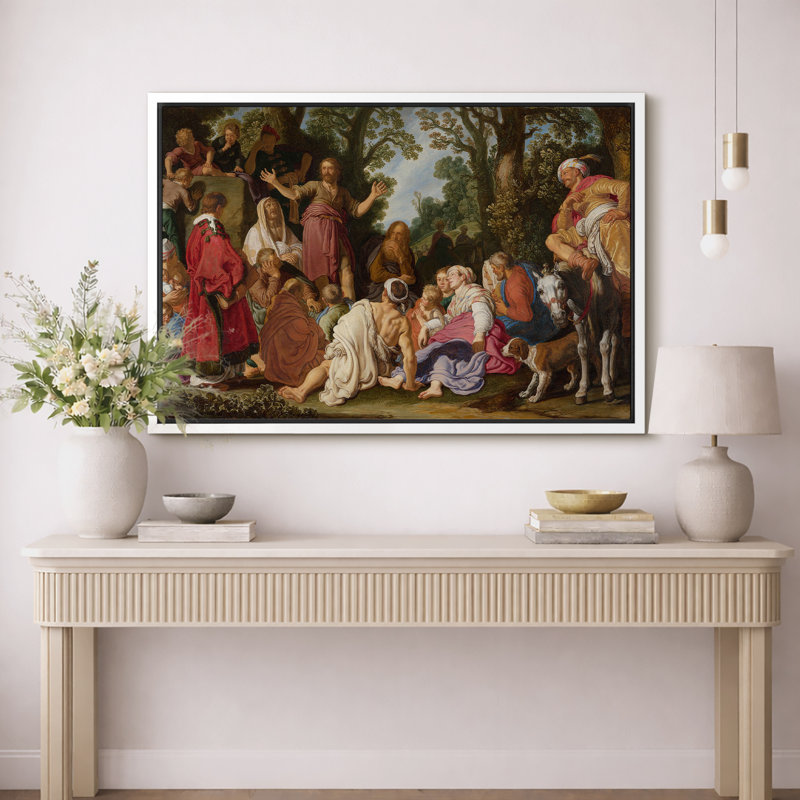 Jesus Teaching the Crowd Biblical Artwork, Living Room Pictures, Framed Canvas Giclee Print Wall Art., 16" H x 24" W