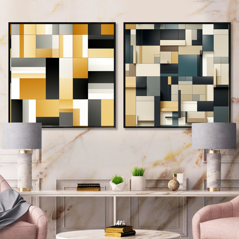 Ensemble de 2 blocs géométriques taupe à motif géométrique Harmony, Cadre flottant noir, H 16 po x l 33 po