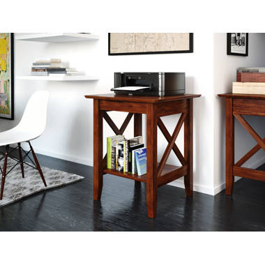 Small White Computer Desk with Drawers and Printer Shelves, Wood