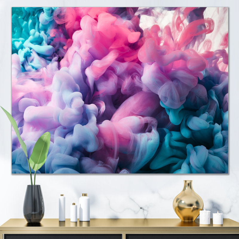 Turquoise et rose, art à l'encre liquide - décoration murale moderne en toile, H 24 po x l 36 po x P 1,5 po, Toile tendue