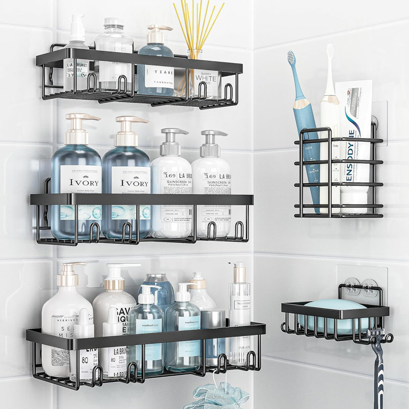 Paquet de 5 supports de rangement pour douche à l'intérieur, étagère de douche auto-adhésive, grande capacité, panier de douche mural en acier inoxydable antirouille