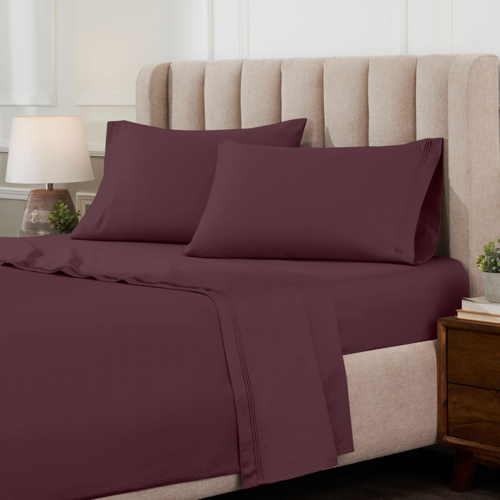 Cotton Sheet Set, Queen Sheet Set with 2 Pillowcases, Plum