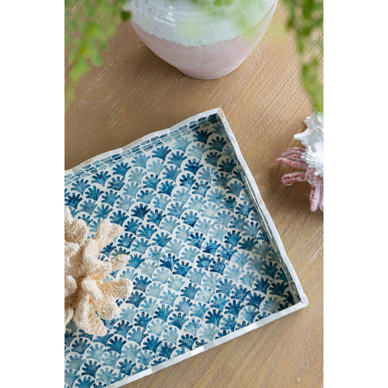 16X13X2" Decorative Rectangle Tray With Blue And White Capiz Design