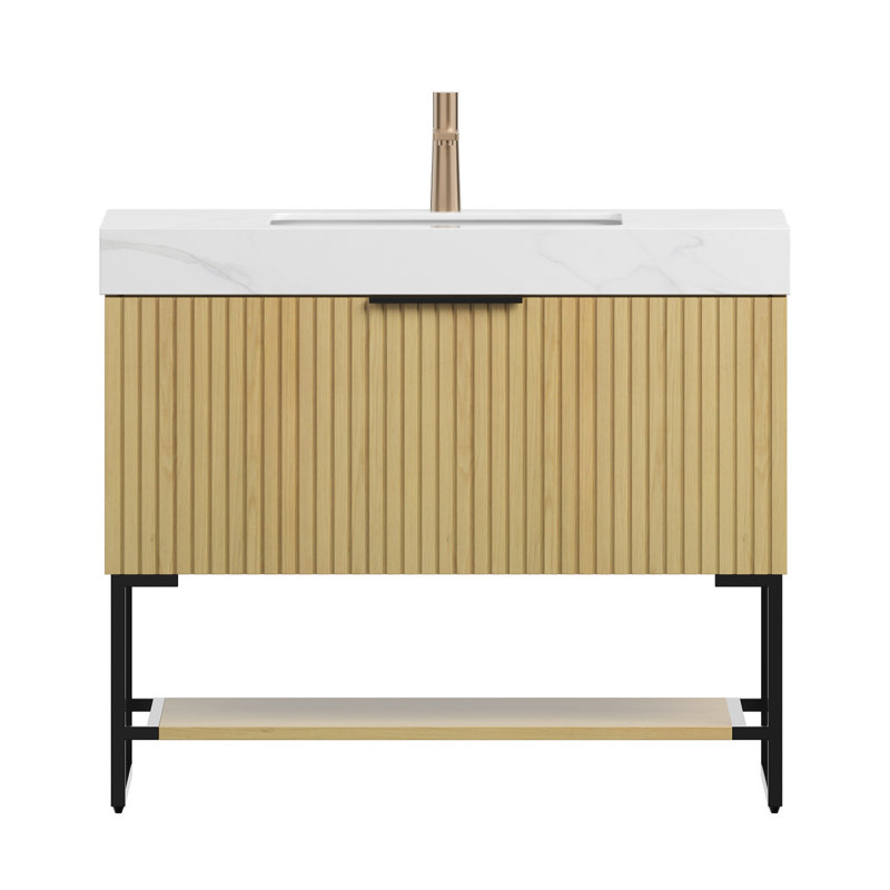 Meuble-lavabo autoportant 36 po avec comptoir en pierre et lavabo en céramique, tiroir de rangement et tablette